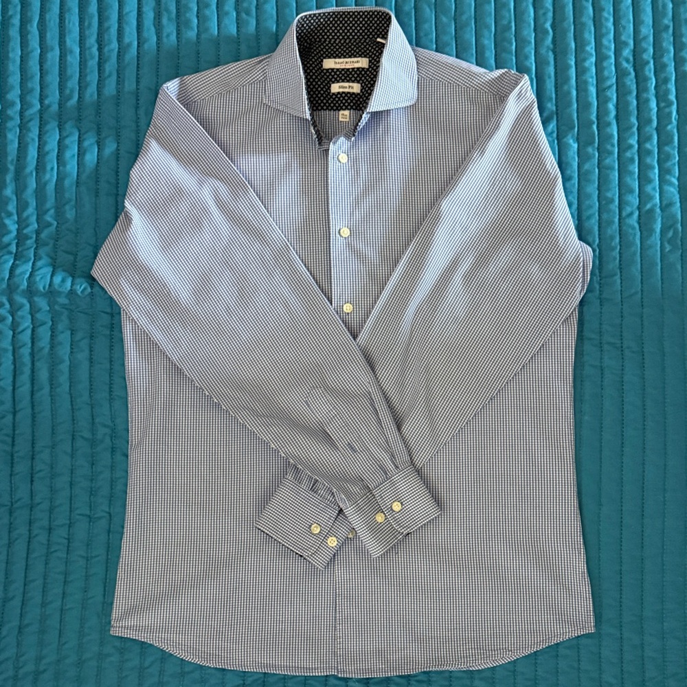 Isaac Mizrahi Blue and White Checkered Dress Shirt